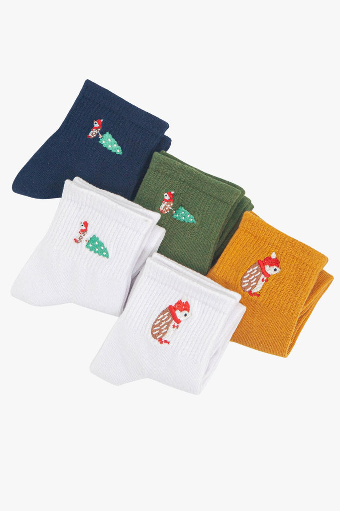 womens-christmas-hedgehog-embroidered-cotton-ankle-socks-5-pack-multipack