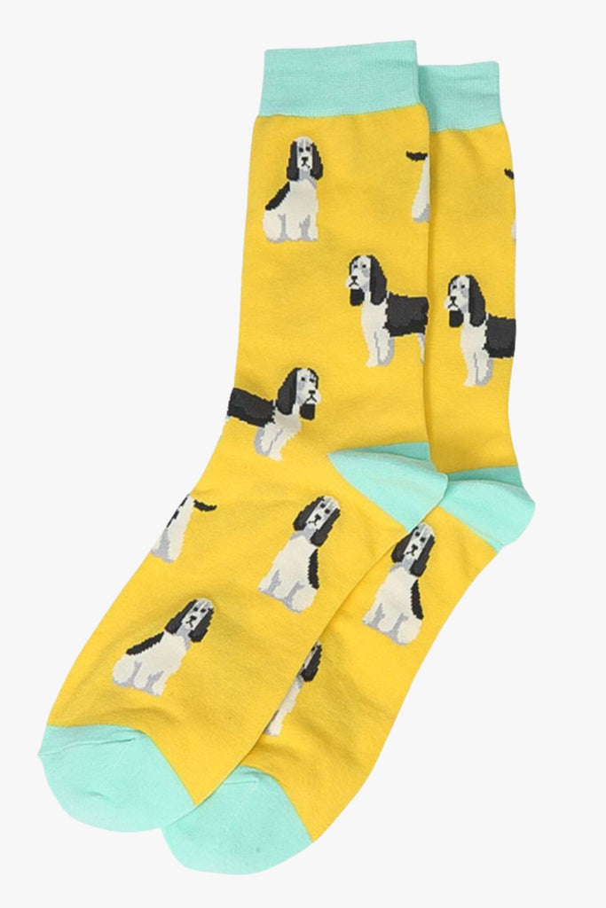 yellow, green dress socks with spaniels