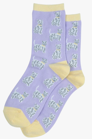 lilac and yellow ankle socks with all over white west highland terrier dogs