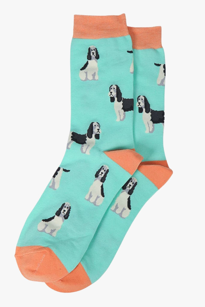 green, orange dress socks with spaniels 