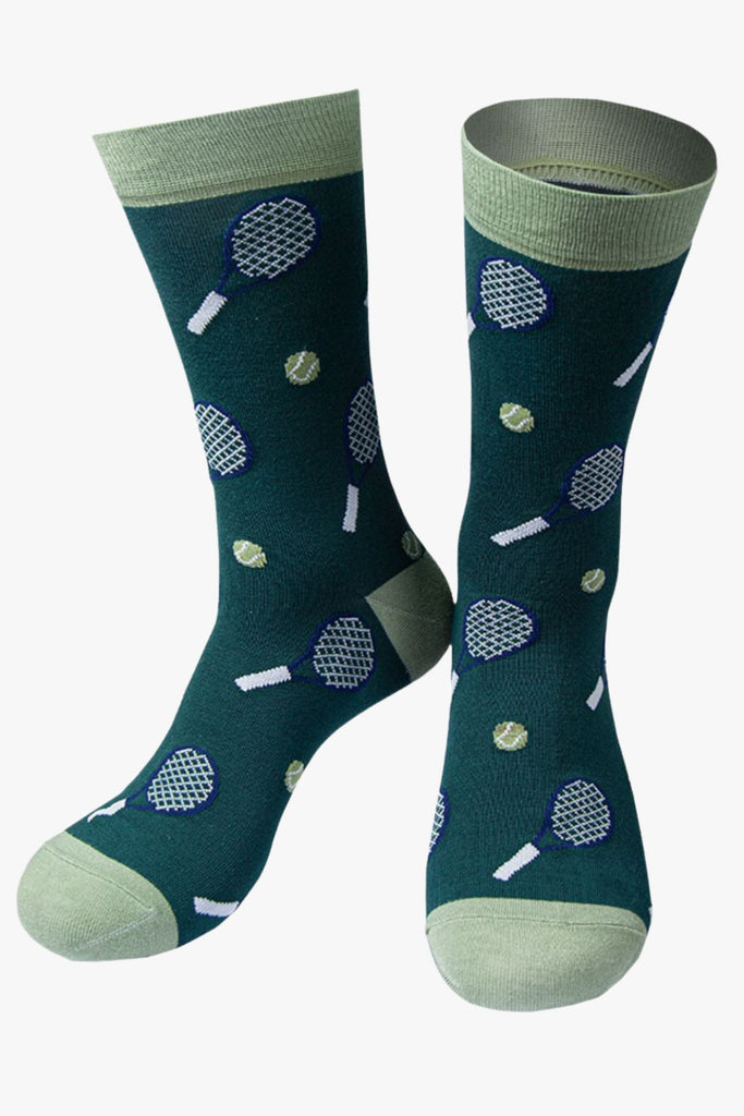 green bamboo socks with tennis raquets and tennis balls