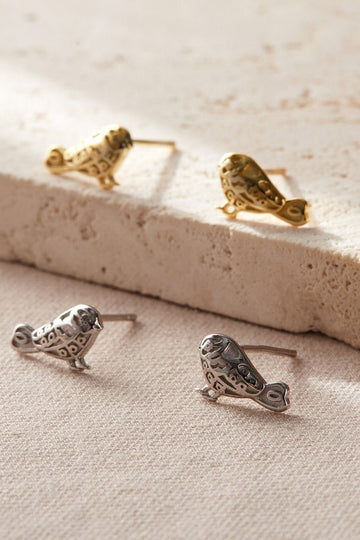 silver and gold plated s925 sterling silver bird stud earrings, the birds are designed to look like blue tits or finch garden birds