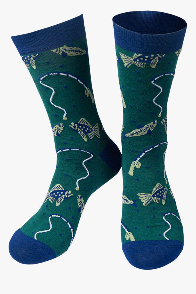 green bamboo socks with fish and a fishing line