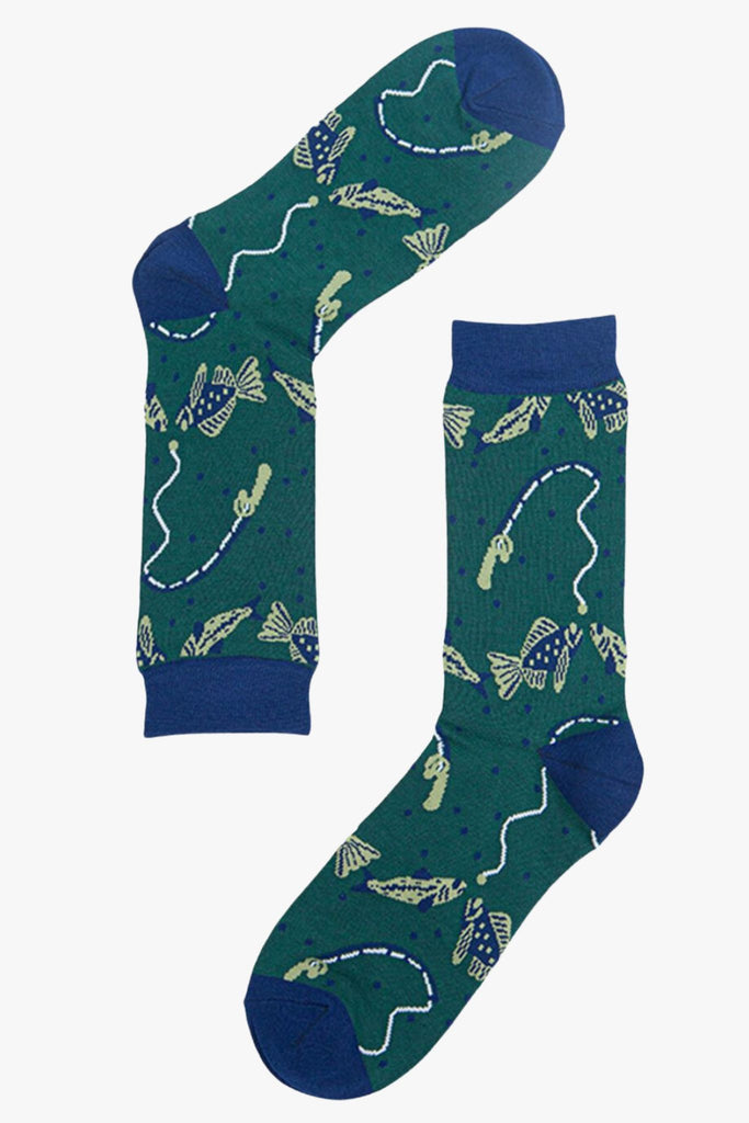 reen, blue dress socks with fish and a fishing line