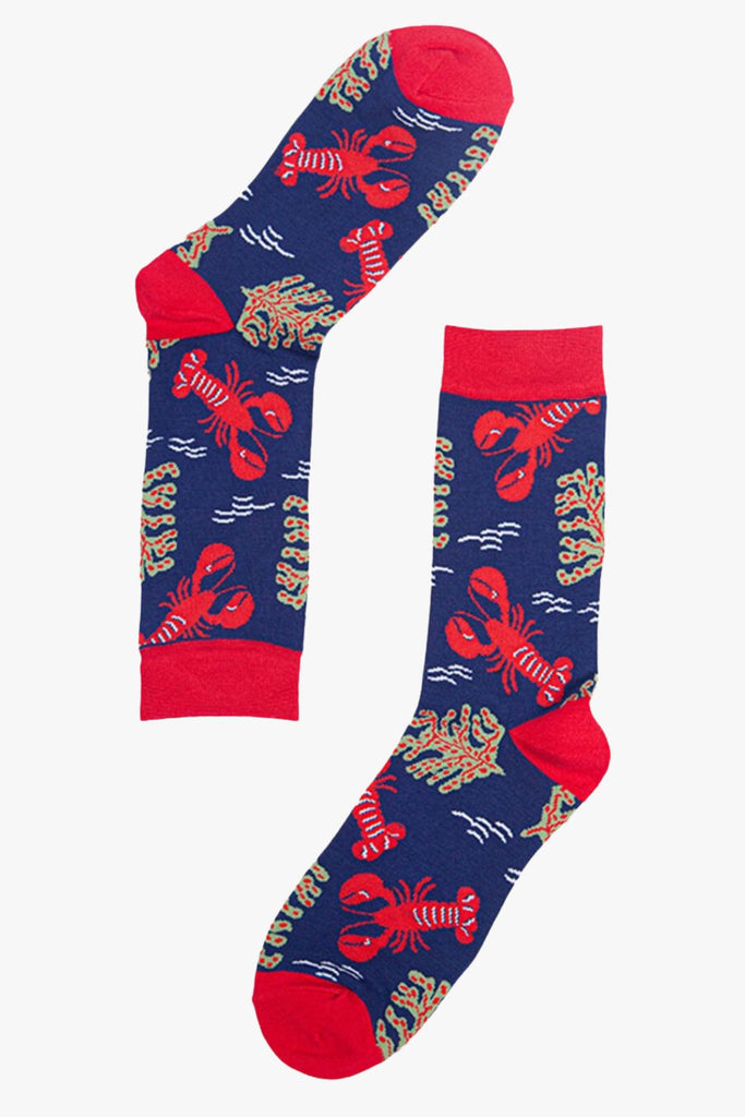 blue bamboo socks with red lobsters and marine plants