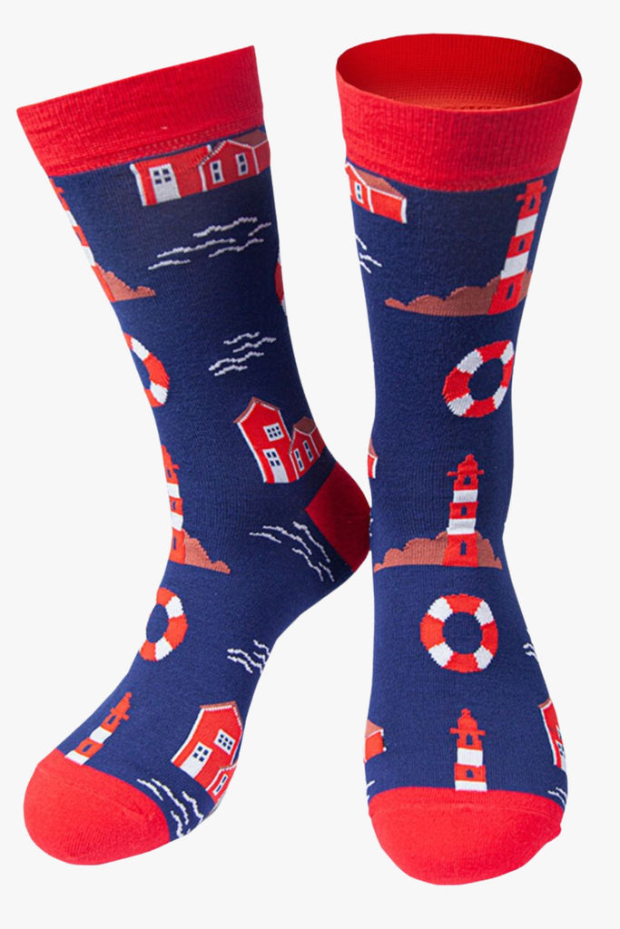 blue and red dress socks with a pattern of lighthouses and buoys