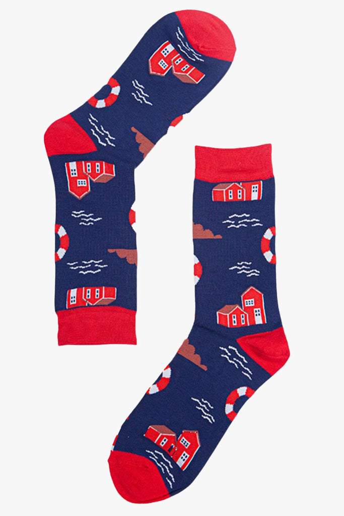 nautical themed dress socks featuring buoys and lighthouse patterns