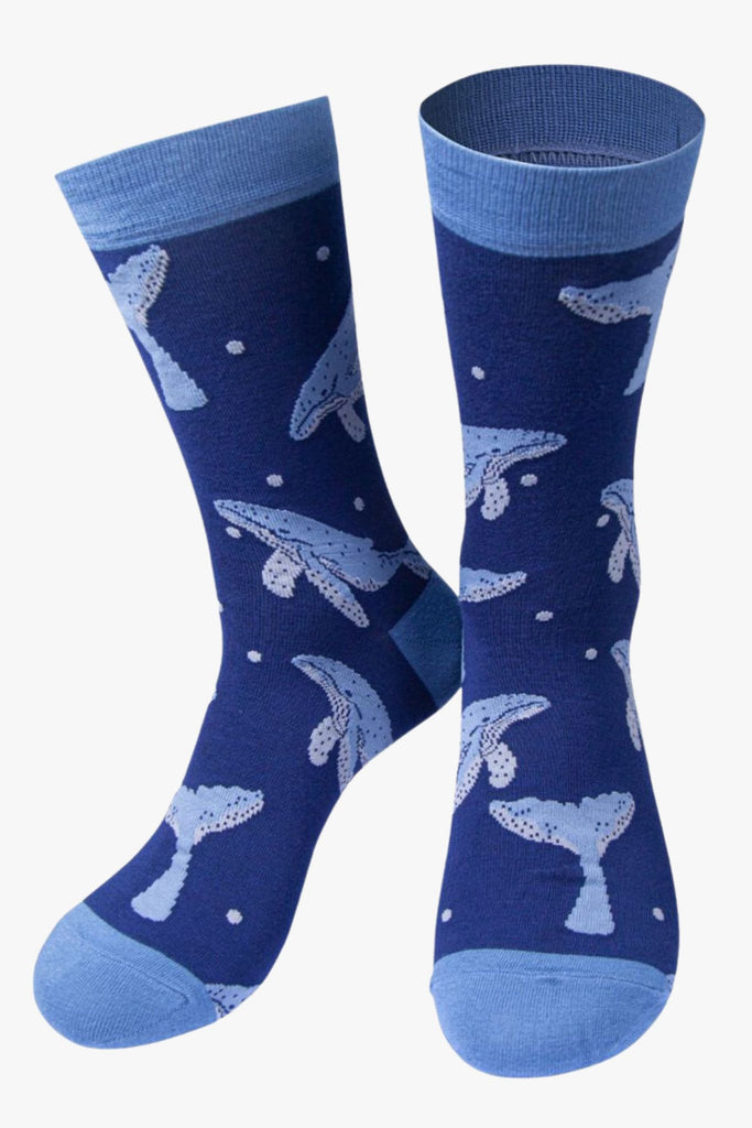 blue dress socks with a pattern of diving blue whales