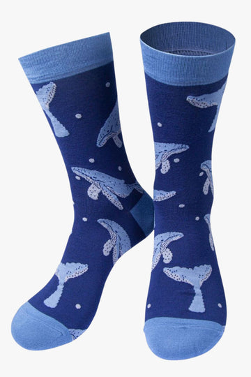 blue dress socks with a pattern of diving blue whales