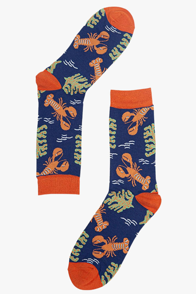 blue bamboo socks featuring lobsters and marine plants