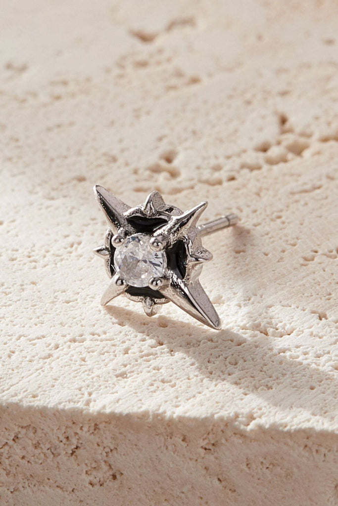 close up of the north star sparkly earrings, showing the white cz crystal in the middle 