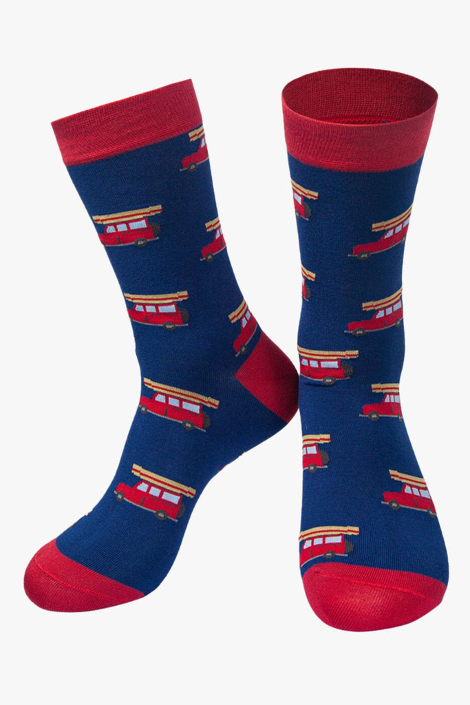 blue and red men's bamboo dress socks with a pattern of red utility vans on them