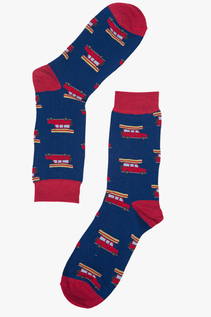 red and blue socks with a red van print