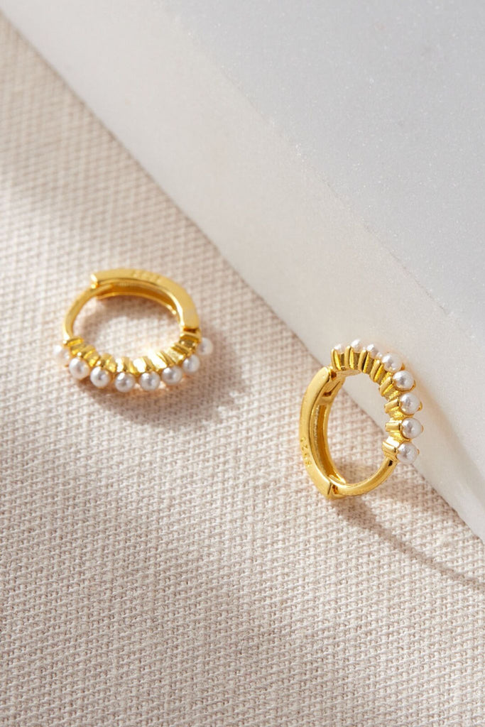 gold plated sterling silver huggie hoop pearl earrings