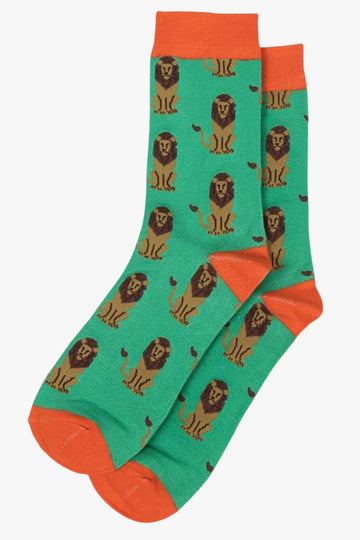 green, orange dress socks with lions all over