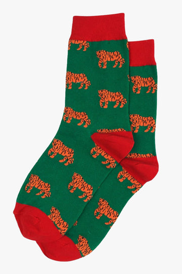 green and red dress socks with orange tigers all over