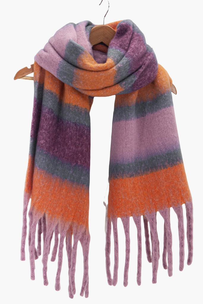 blair-lilac-orange-colour-block-stripe-heavyweight-scarf-draped-on-coat-hanger