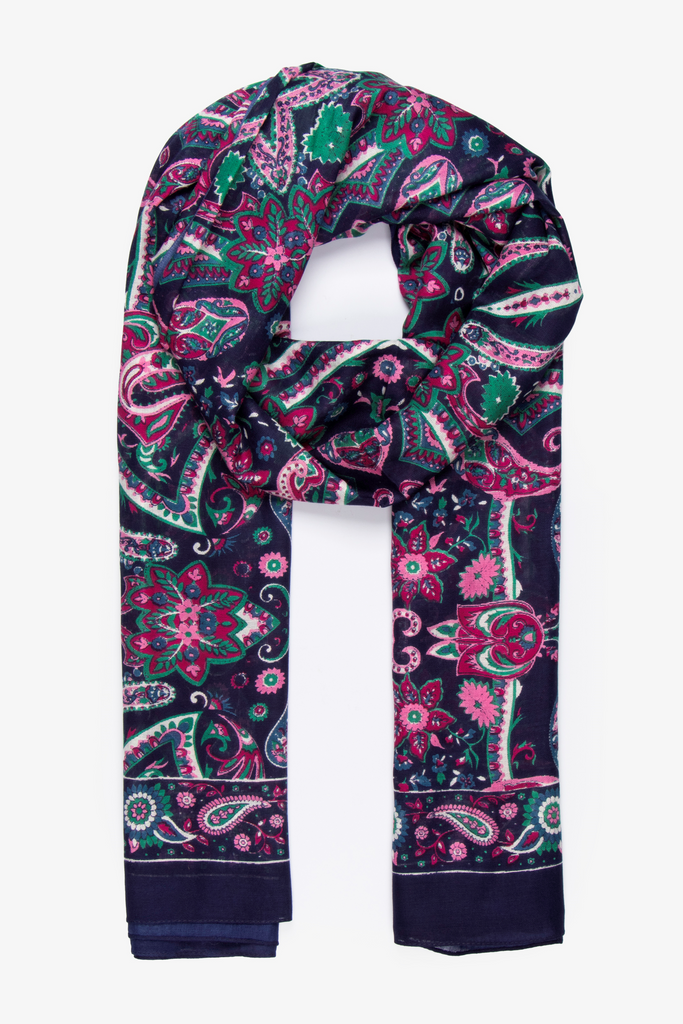 navy blue scarf with a vibrant fuchsia pink mosaic style paisley floral print pattern all over, the scarf has a plain navy blue bordered edge