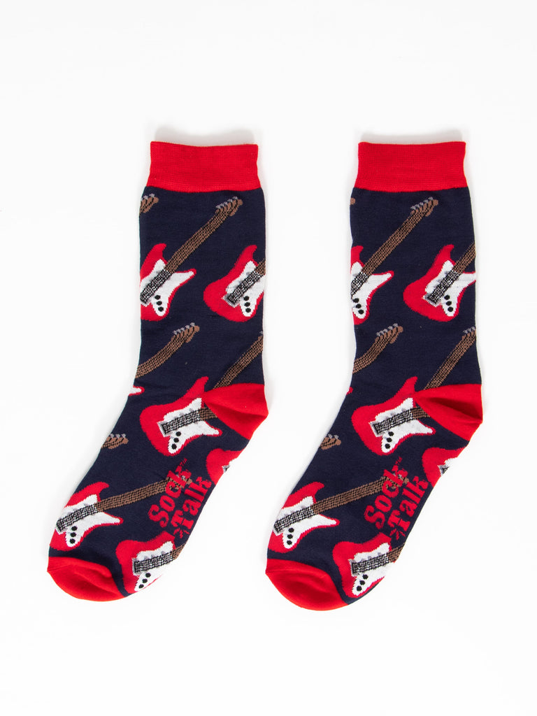 showing the red electric guitar socks laying flat, the electric guitar pattern repeats over the whole of the design.