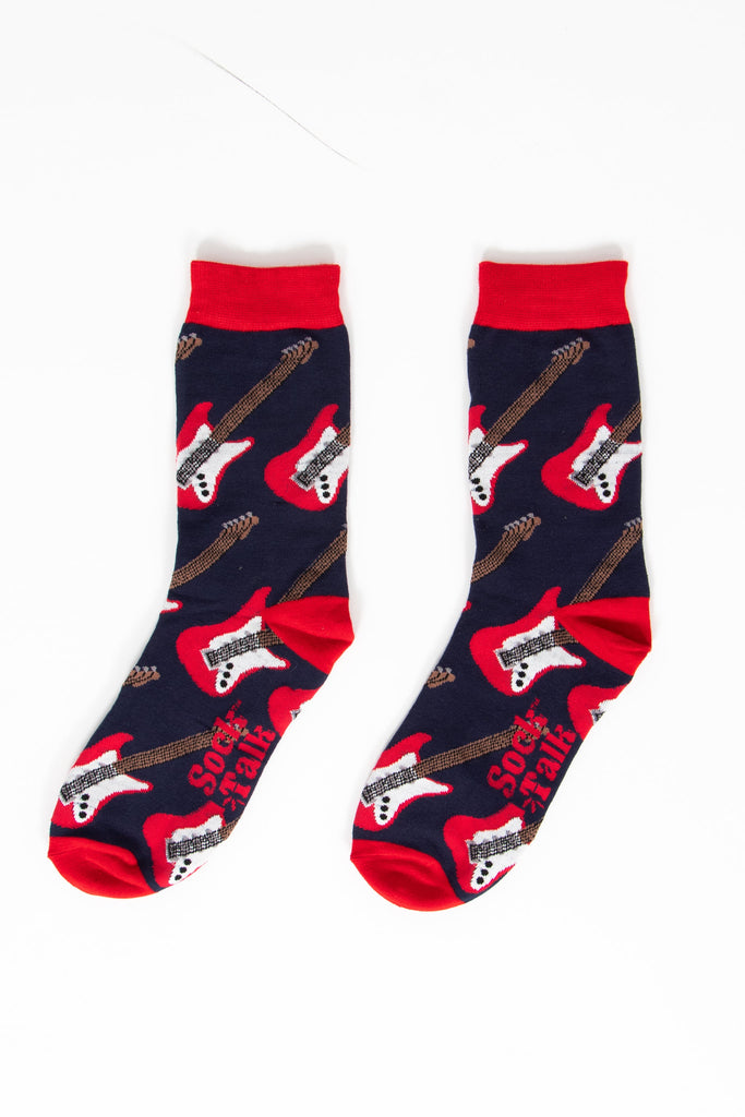 showing the red electric guitar socks laying flat, the electric guitar pattern repeats over the whole of the design.