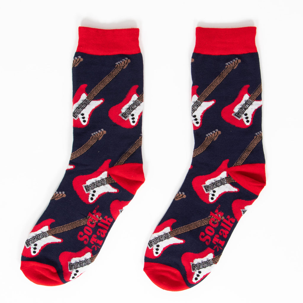 showing the red electric guitar socks laying flat, the electric guitar pattern repeats over the whole of the design.