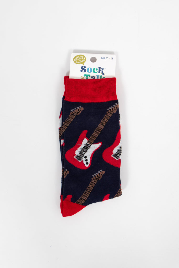 navy and red guitar bamboo socks in their sock talk packaging, these socks are a uk size 7-11