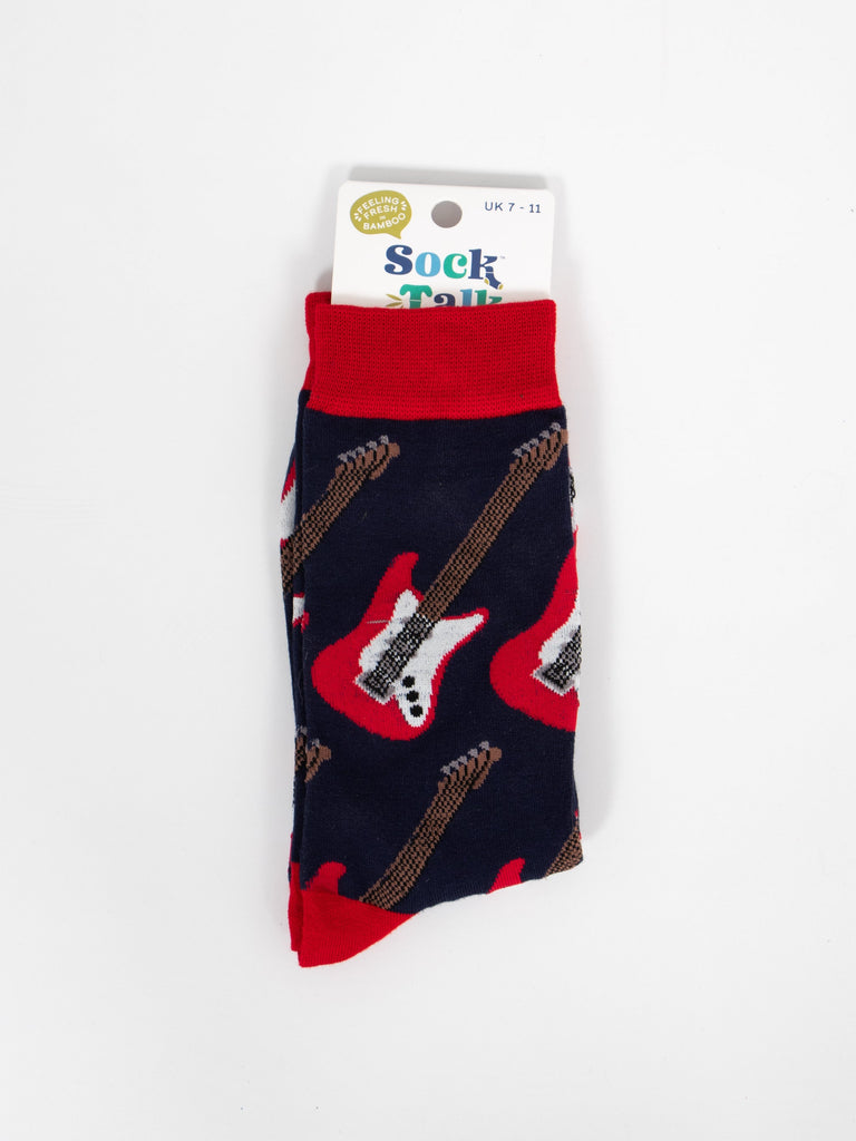 navy and red guitar bamboo socks in their sock talk packaging, these socks are a uk size 7-11