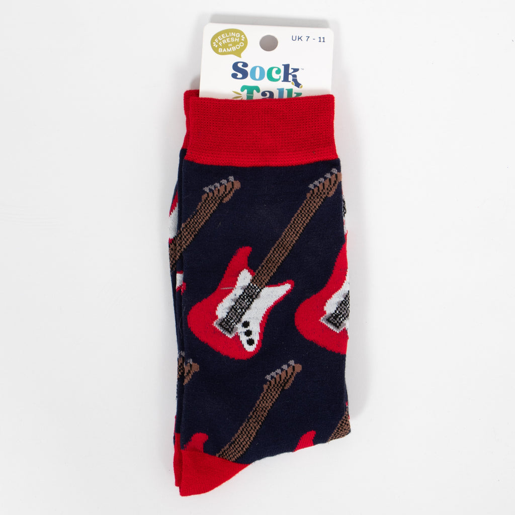 navy and red guitar bamboo socks in their sock talk packaging, these socks are a uk size 7-11