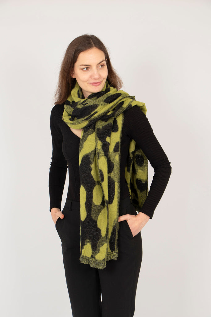 lime green and black leopard print scarf with an all over gold glitter sparkle