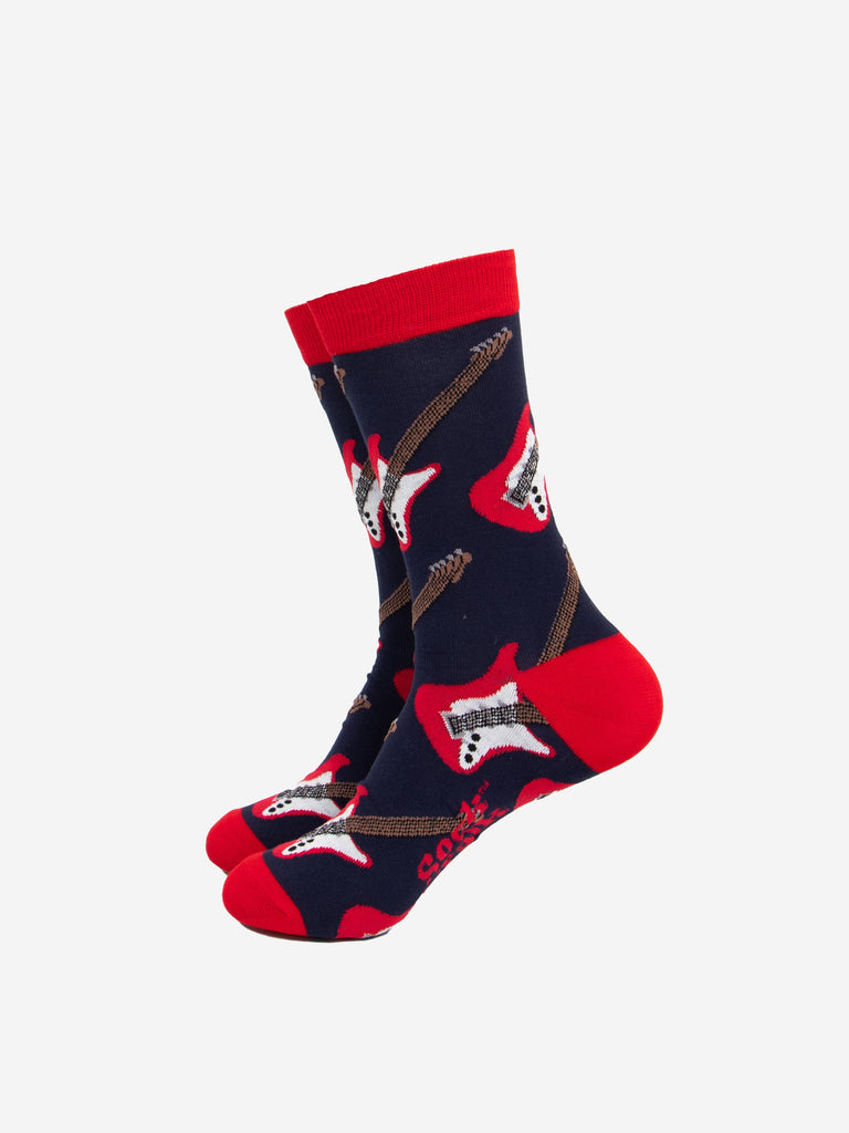 navy blue bamboo socks with red heel, toe and cuff and a pattern of red and white electric guitars