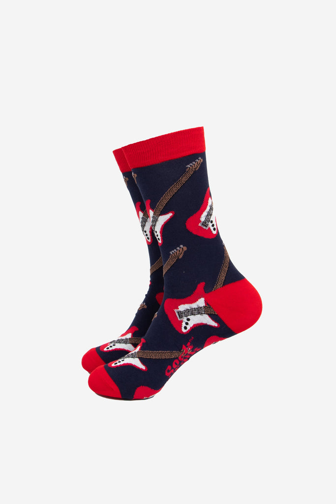 navy blue bamboo socks with red heel, toe and cuff and a pattern of red and white electric guitars