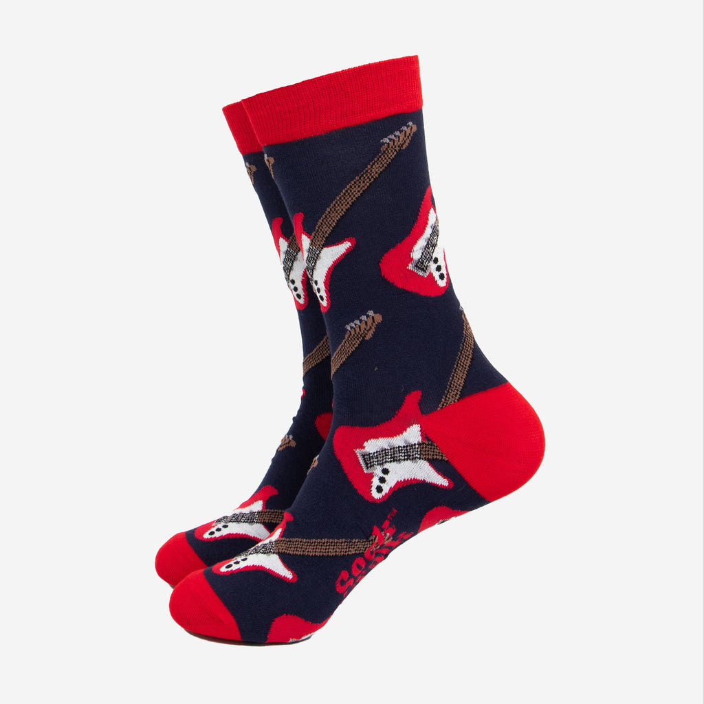 navy blue bamboo socks with red heel, toe and cuff and a pattern of red and white electric guitars