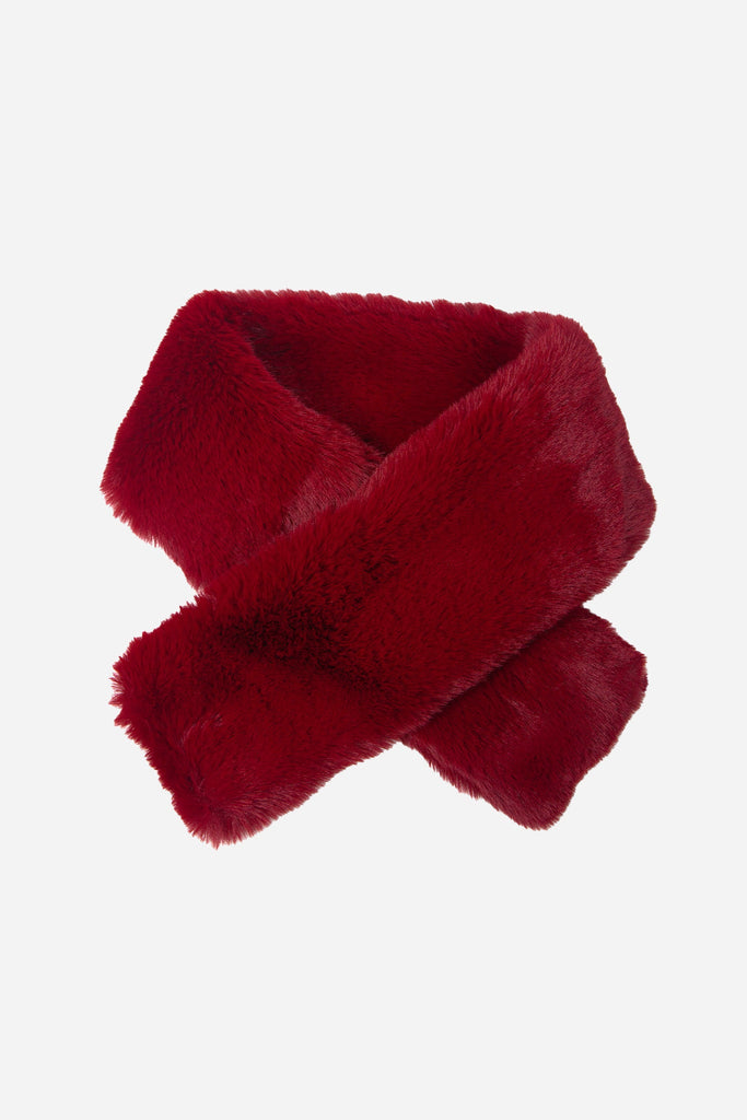 faux fur tuck through collar neck scarf in cranberry red