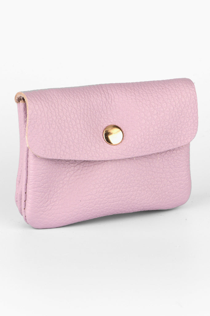 small lilac coloured leather coin purse with snap button fastening 