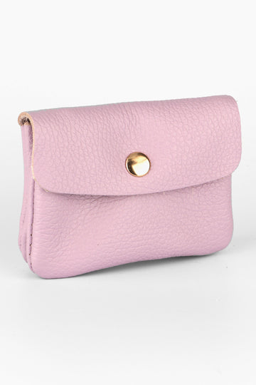 small lilac coloured leather coin purse with snap button fastening 