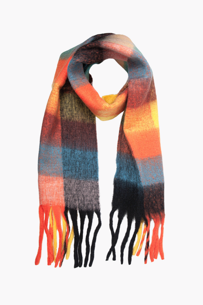 multicoloured check pattern winter scarf, orange,