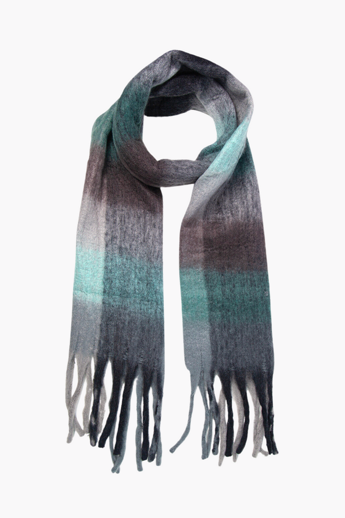 teal and grey check print winter scarf with tassles