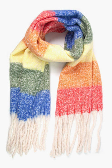 multicoloured rainbow blanket scarf with horizontal stripes and a tassled edge