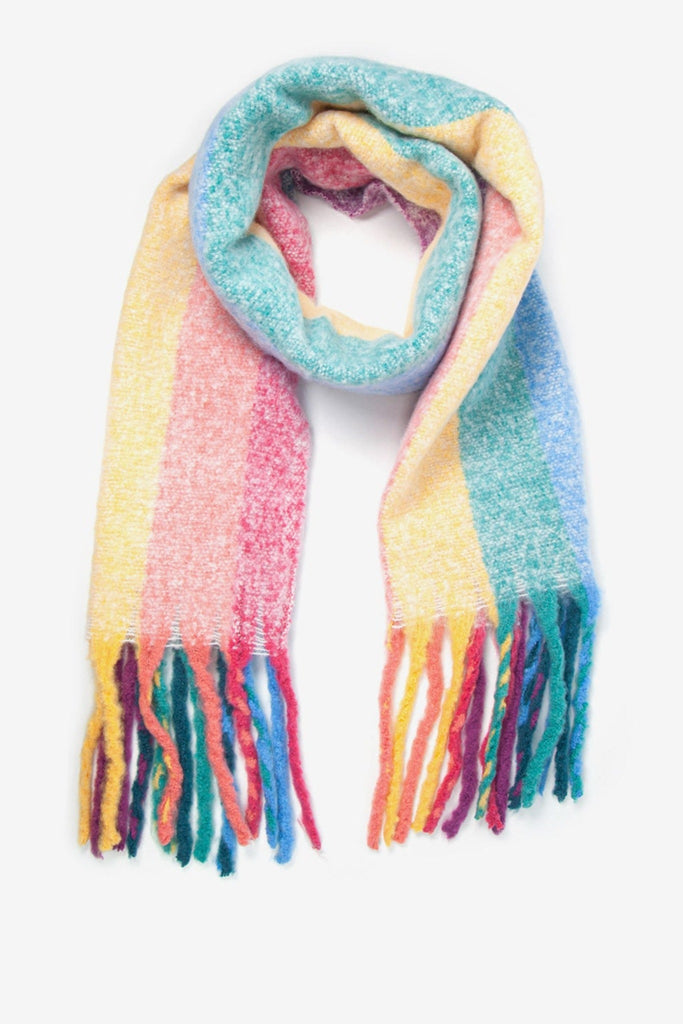 rainbow winter blanket scarf with tassle trim edge