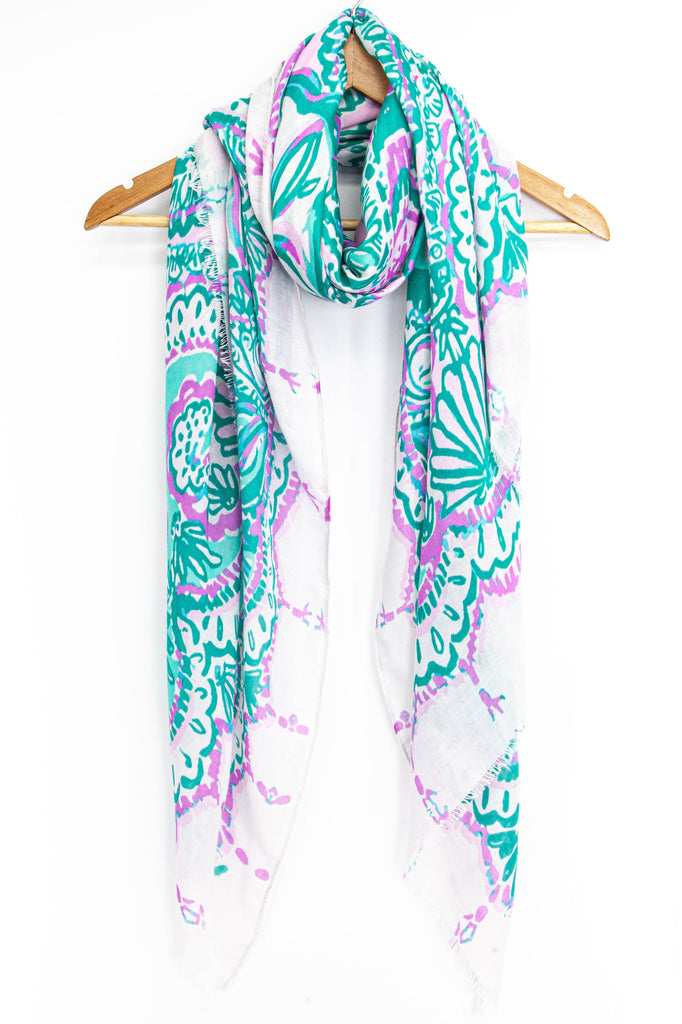 green and lilac nautical themed scarf with fish and seashells 