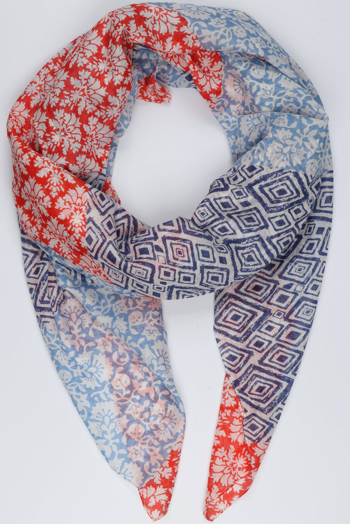 blue and red diamond and floral print striped cotton scarf