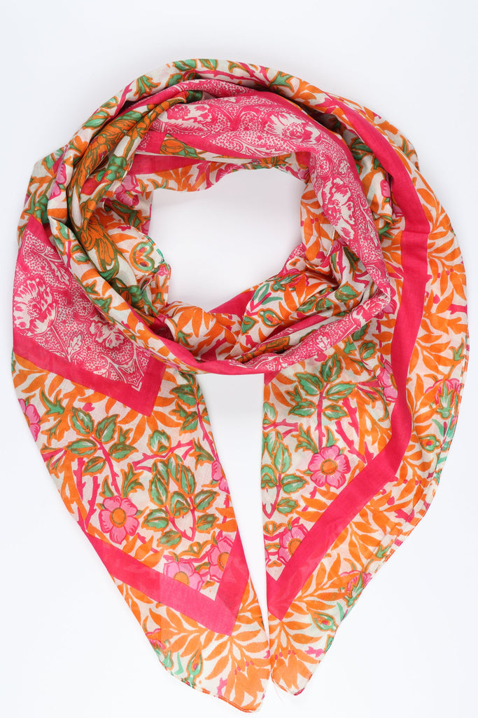 pink and orange floral print scarf with blue border stripe