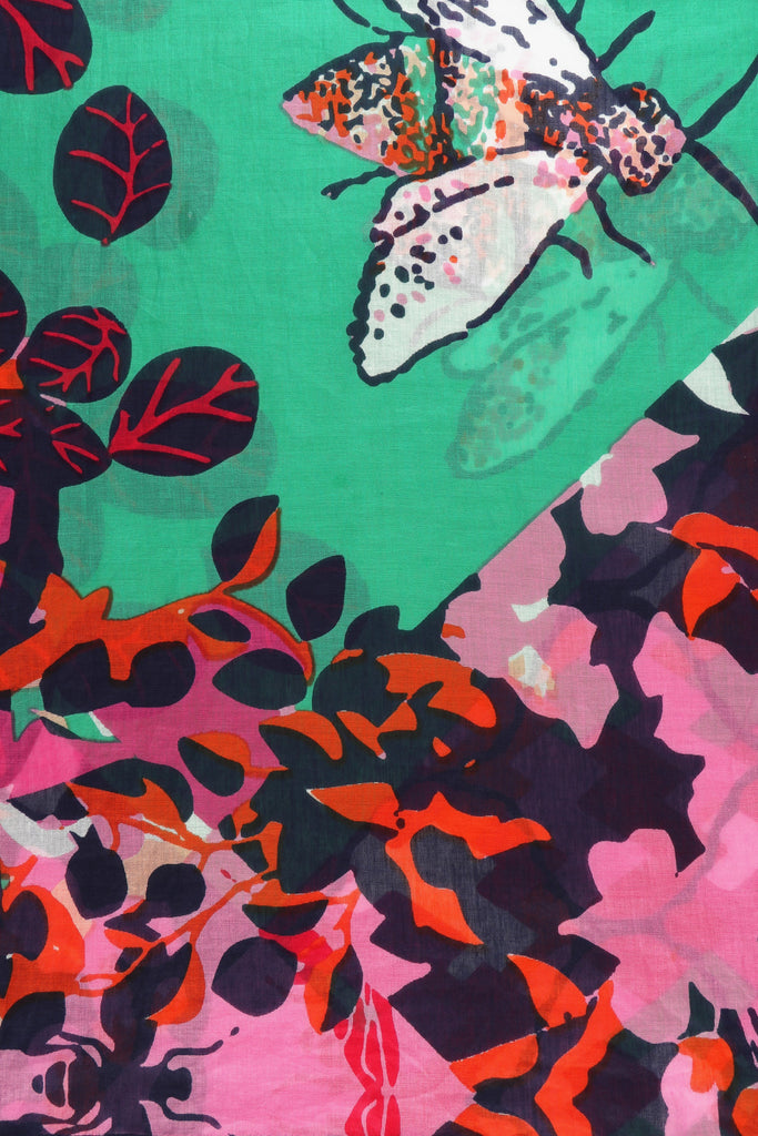 close up of the floral and bee print pattern