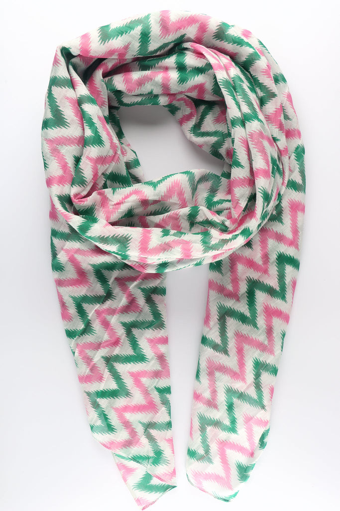 green and pink zig zag striped cotton scarf