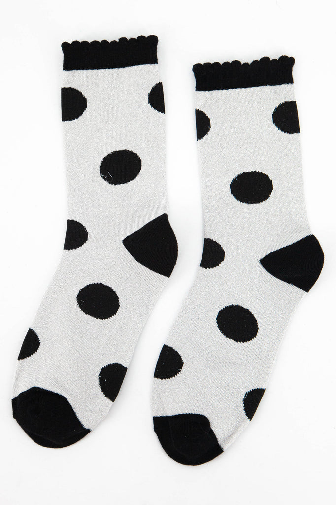 light grey glitter ankle socks with a scattered large polka dot spot print