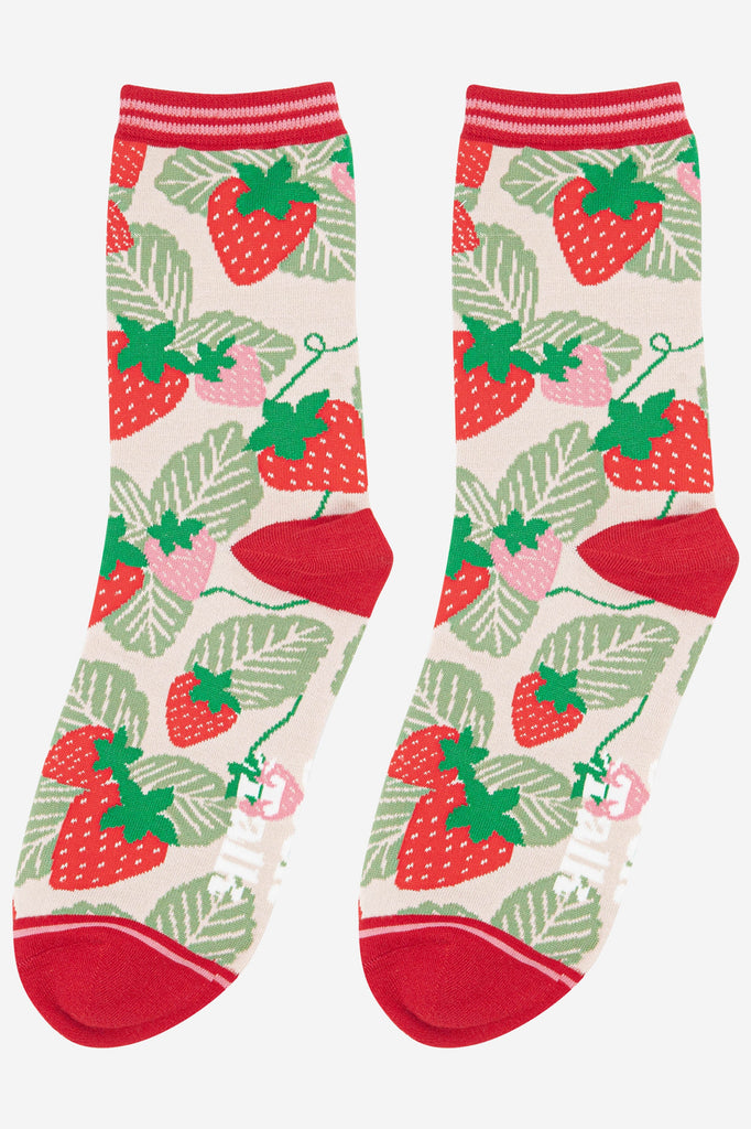 cream and red strawberry ankle socks made from soft bamboo