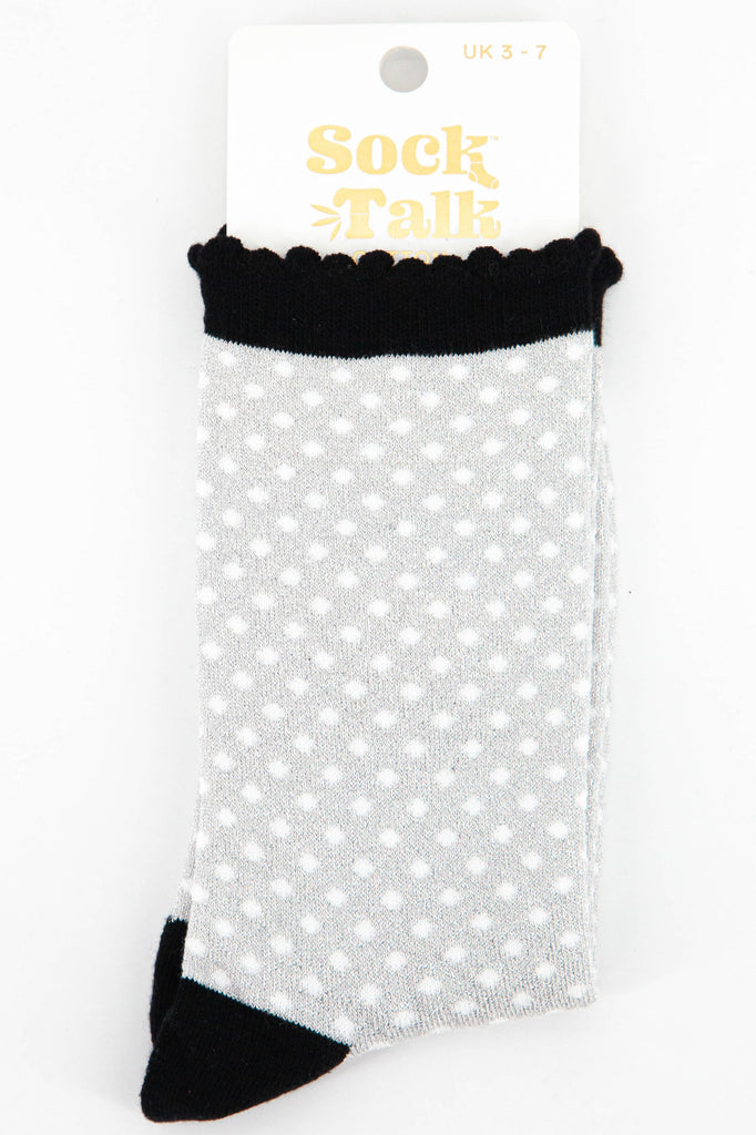 mini polka dot pattern glitter ankle socks in light grey and black uk size 3-7