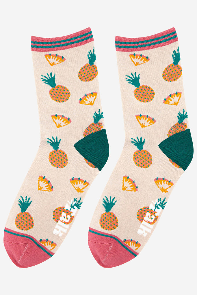 womens tropical pineapple bamboo ankle socks in pink, cream and green