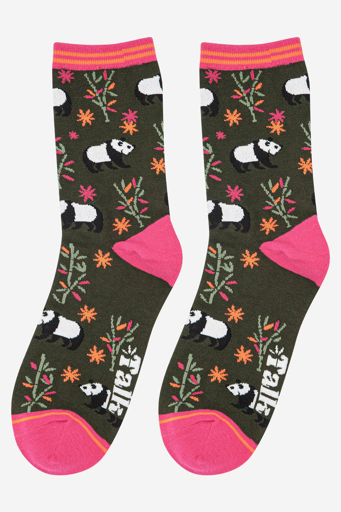 khaki green and pink ankle socks with an all over pattern of pandas and bamboo leaves
