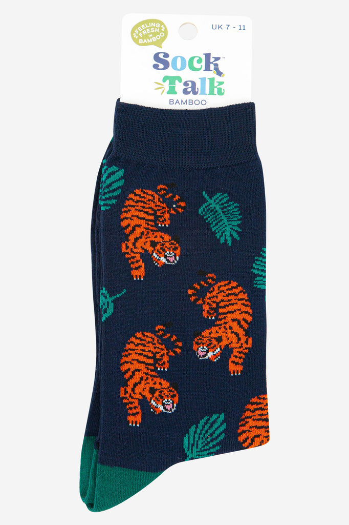 mens bamboo tiger print dress socks in  navy blue and orange uk size 7-11